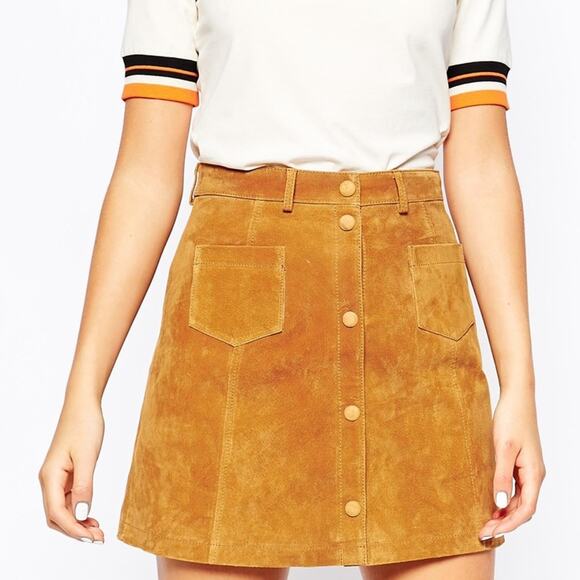Monki Tobacco Suede Button A-Line 70s Skirt Size 6 - Picture 13 of 13